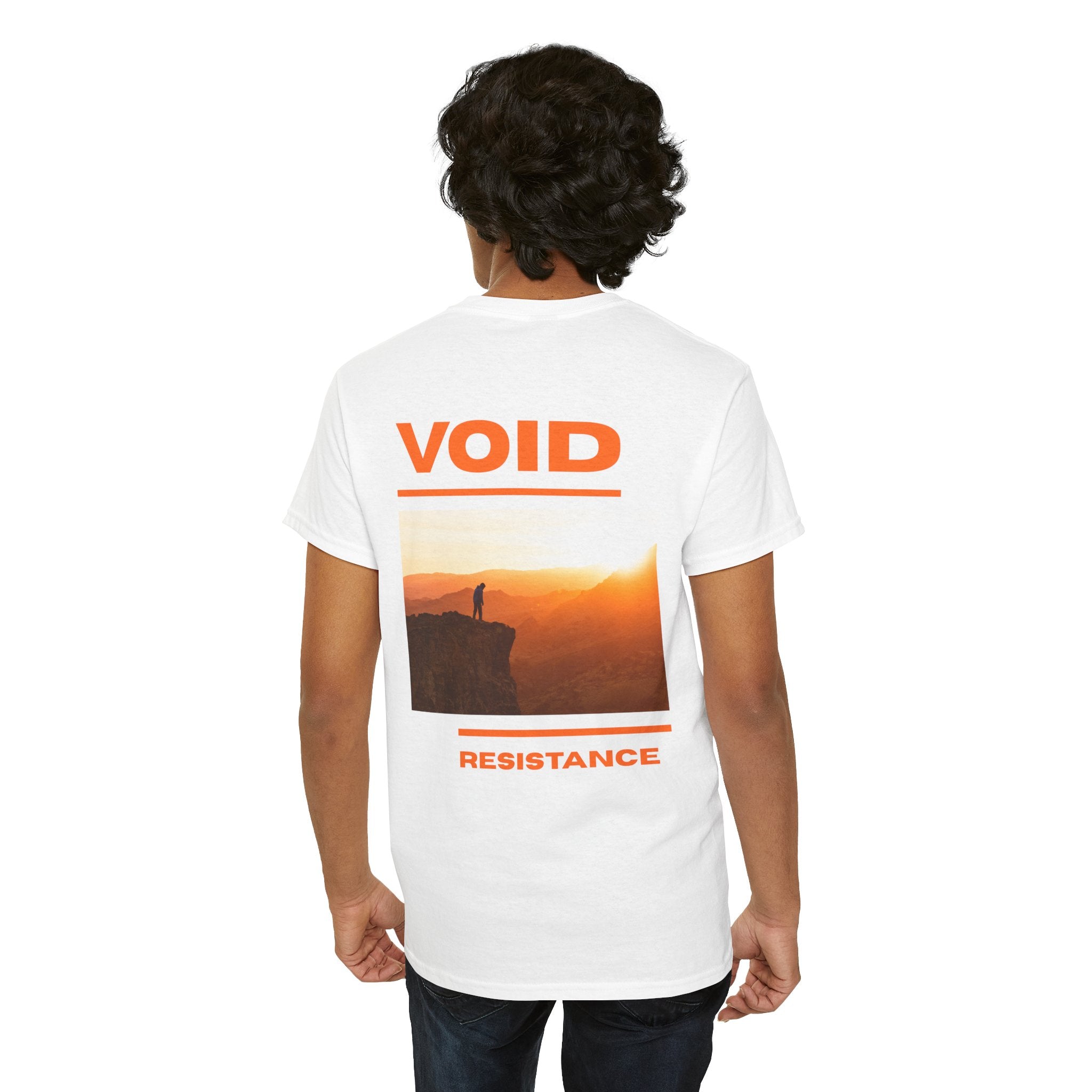 Void Resistance Graphic Tee — Minimal Front Logo & Sunset Back Print