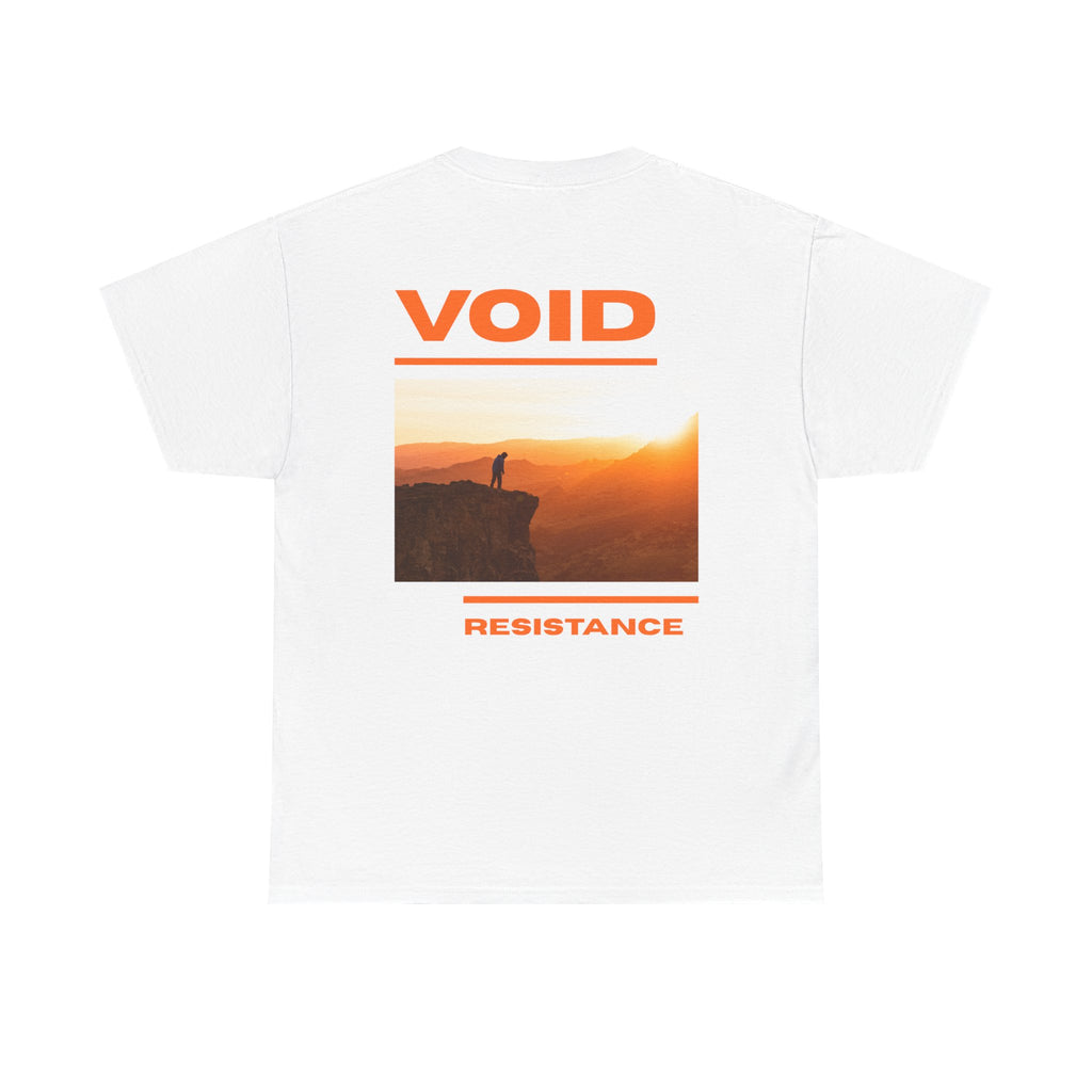 Void Resistance Graphic Tee — Minimal Front Logo & Sunset Back Print